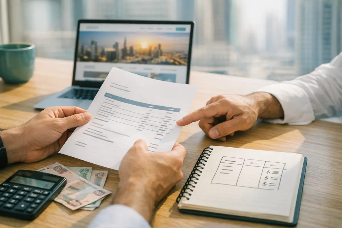 Business owner reviewing a website quotation with a web designer in a Dubai office