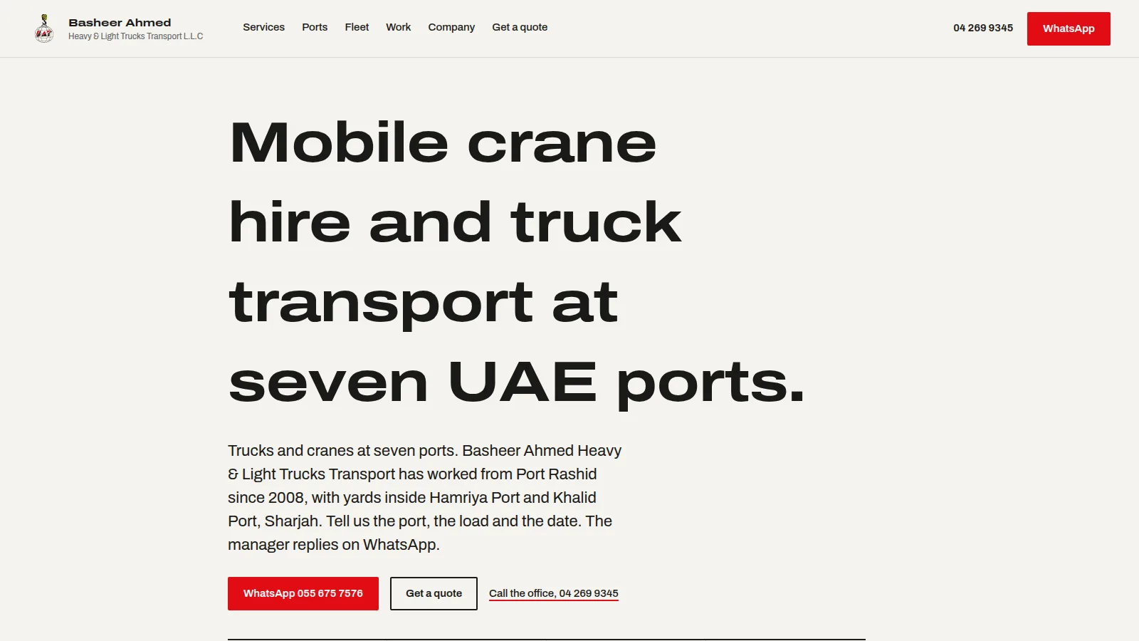 Basheer Ahmed Transport website built by HanzWeb — desktop view